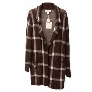 By Design Brown Plaid Open Cardigan Sweater XL | Shawl Collar Pockets Cozy Knit